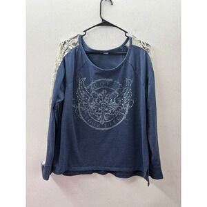 Love Your Life Blue Lace Sleeve Rhinestone Graphic Top Long Sleeve Women's L